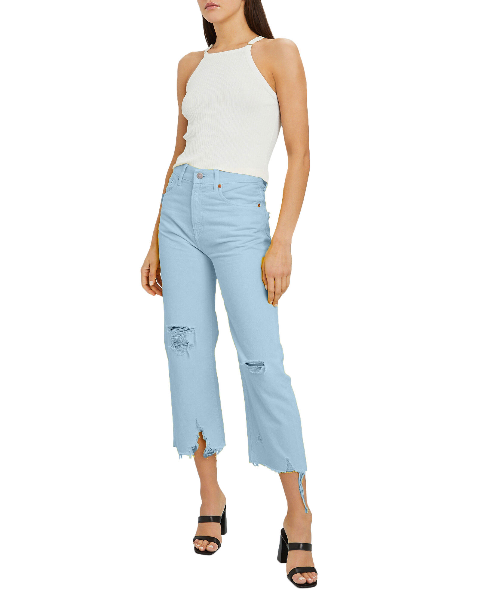 Blue High Rise Distressed Cropped Jeans