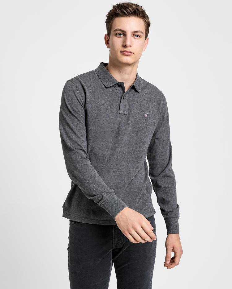 GANT Men's Dark Grey Melange Solid Pique Long Sleeve Rugger Polo 5201 Size 2XL - Picture 2 of 3