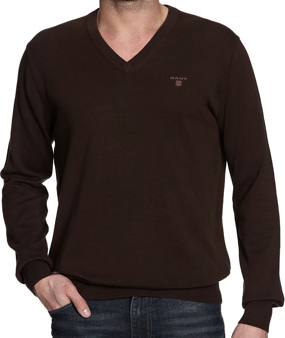 GANT Men's Dark Brown Solid Merino Wool V-Neck Sweater 88552 Size M ...