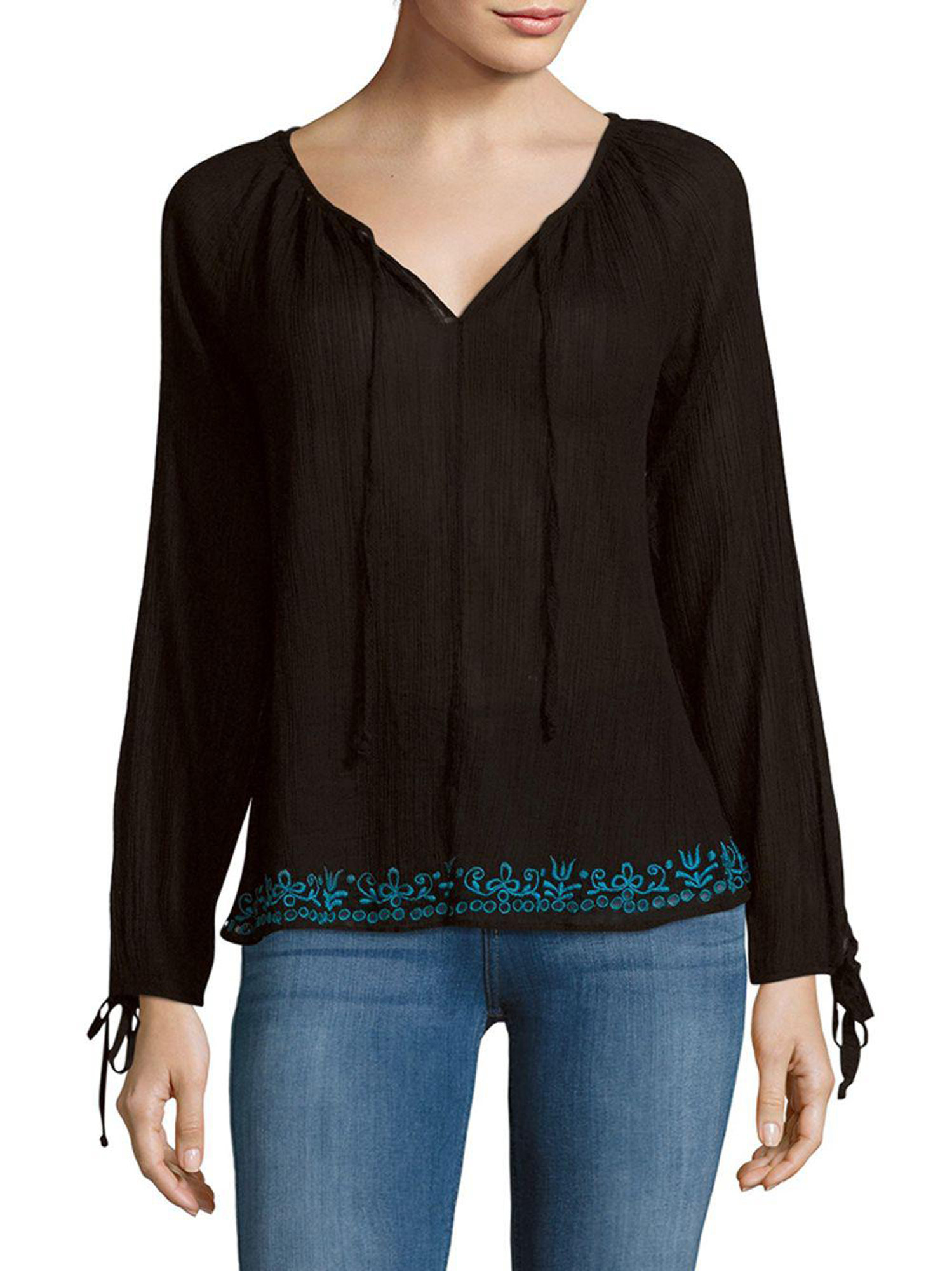 LOVESHACKFANCY Women's Black Solid Embroidered Peasant Blouse $285 NWT ...