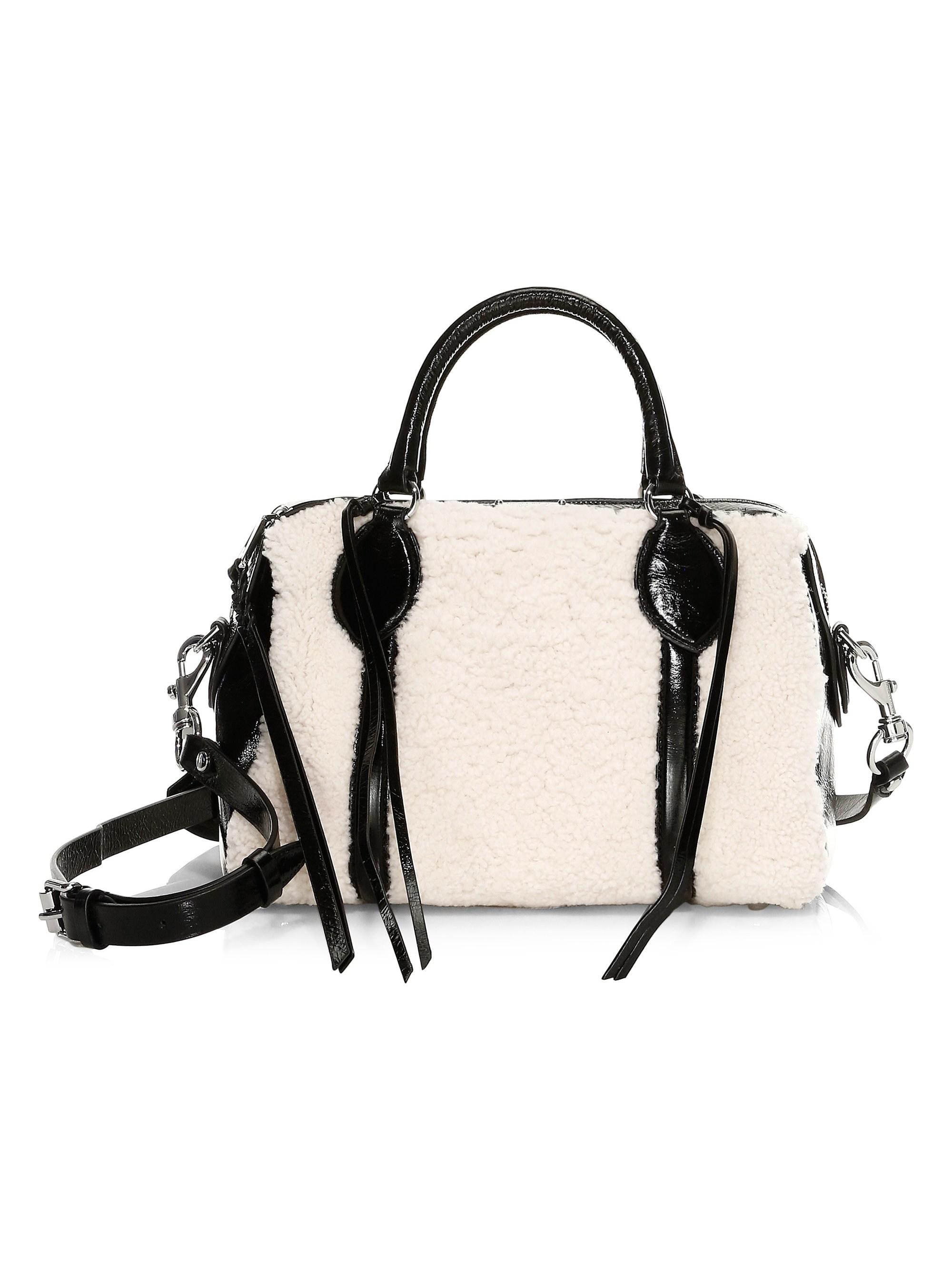 REBECCA MINKOFF Natural/Black Shearling Duffle Satchel Hand Bag 398